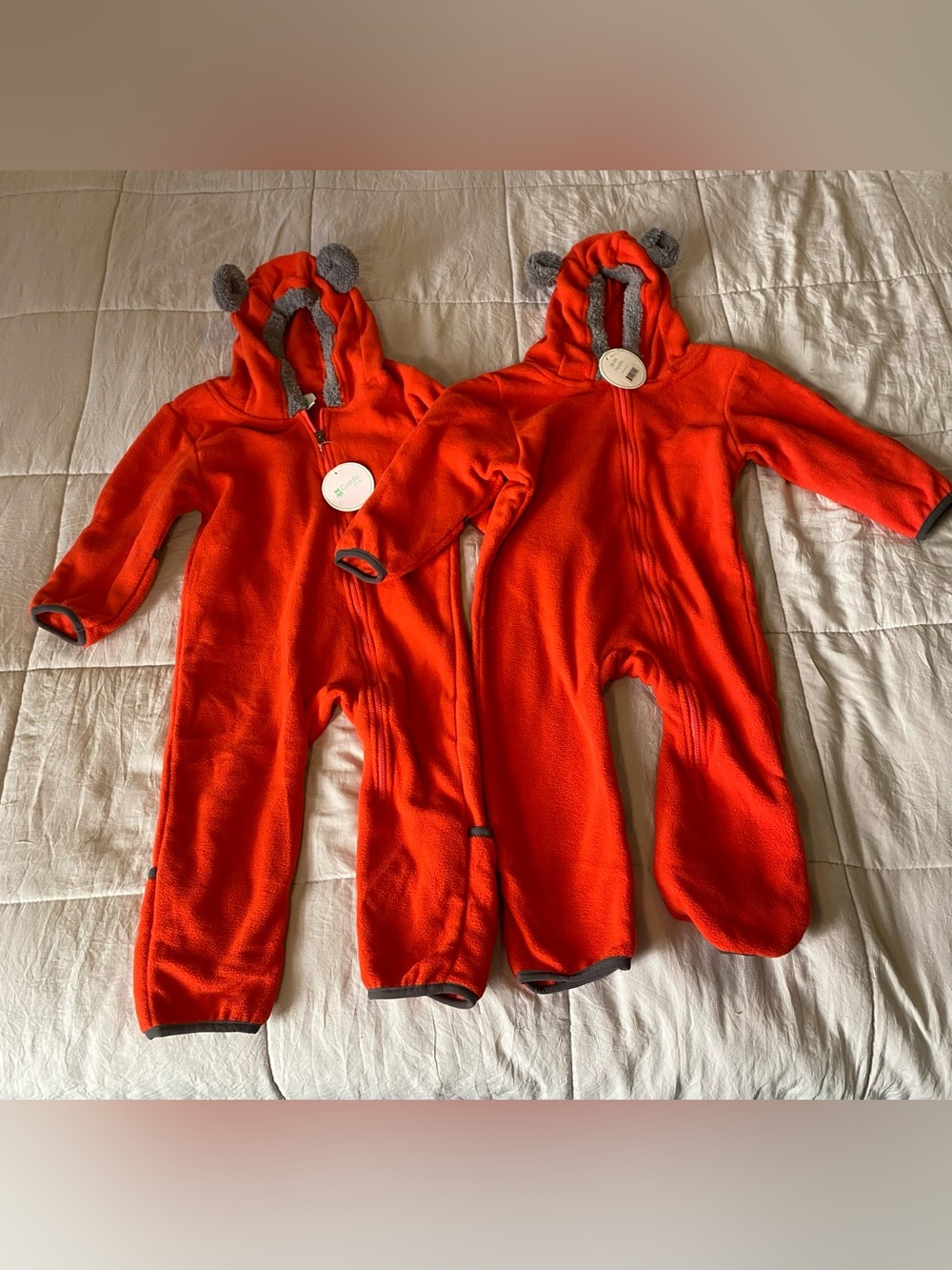 2 Kids Orange Hooded Fleece One-Piece with Bear Ears
